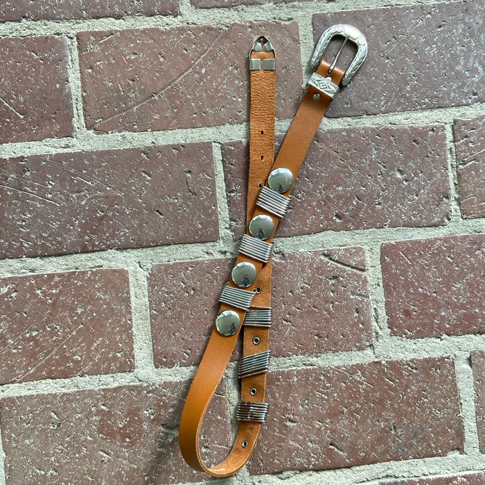 Pearl Vintage Leather Carmel Colored Belt with Silver Decorative Design